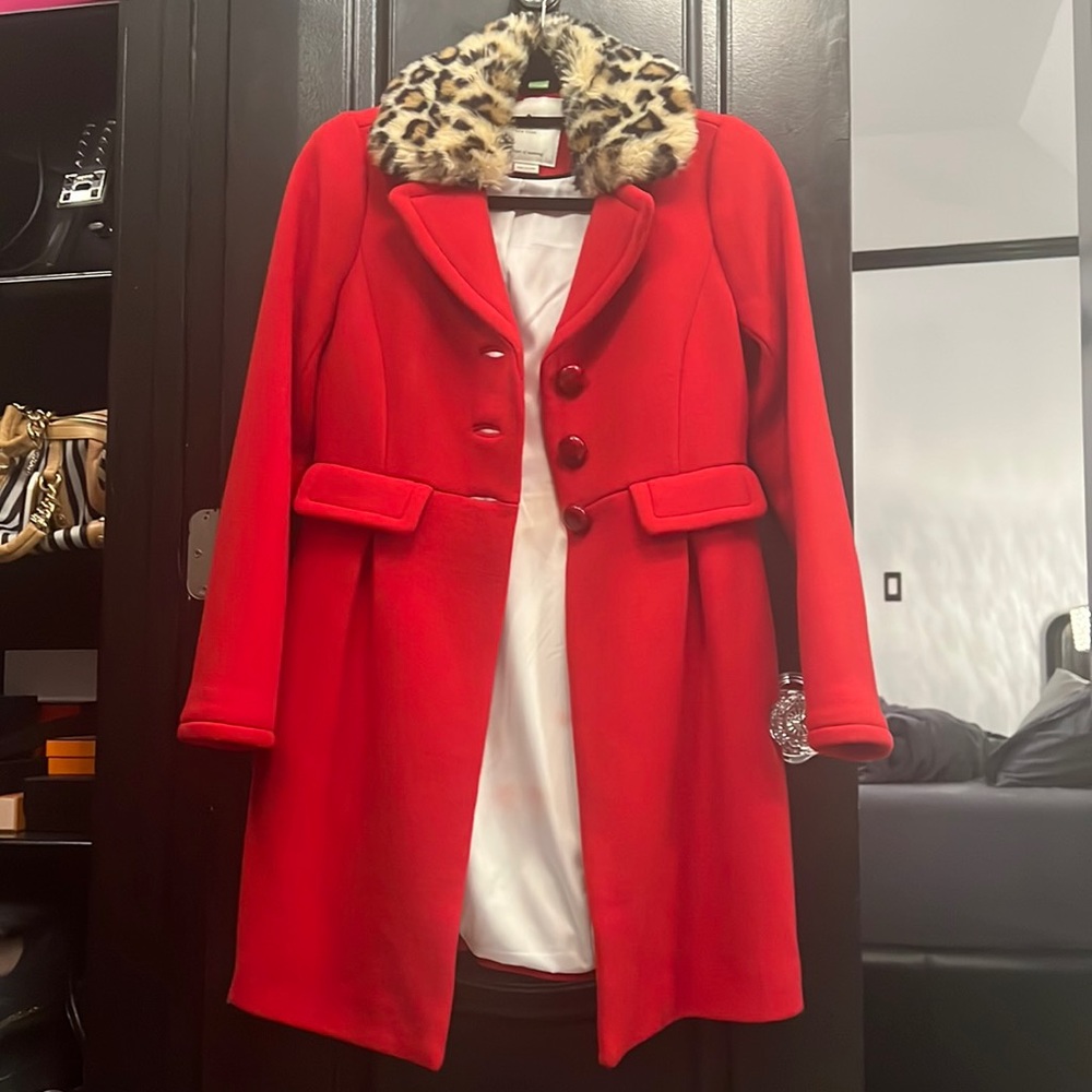 Rare! Kate Spade Red Wool coat w/ leopard Fur Trim.